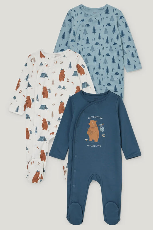 Pack of 3 baby Sleepsuits - Navy Bear - 6/9 Months