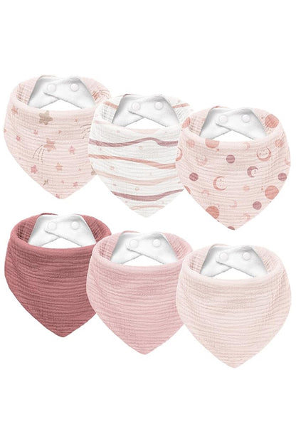 Pack of 6 Soft Triangular Adjustable Drool Bibs - Printed Pink
