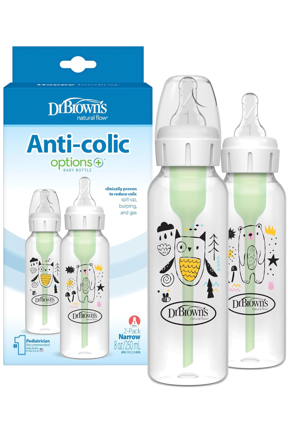 Narrow Neck Options+ Bottle 250ml, Green, 2-pack / Bear & Owl