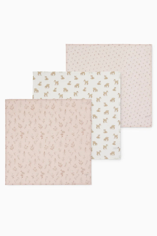Pack of 3 muslin squares - Flowers and Deer