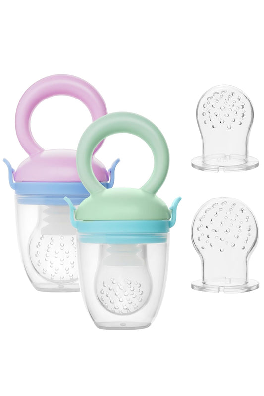 Pack of 2 Teething Ring with Silicone Fruit Teat in 2 Sizes, Pink + Green