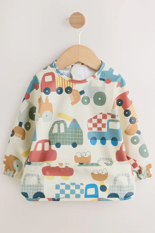 Weaning And Feeding Sleeved Bib - Blue/Red Transport