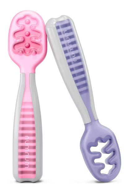 NumNum GOOtensils First Stage Self-Feeding Spoons for Baby Led Weaning (BLW), 2 Pack - Purple / Pink