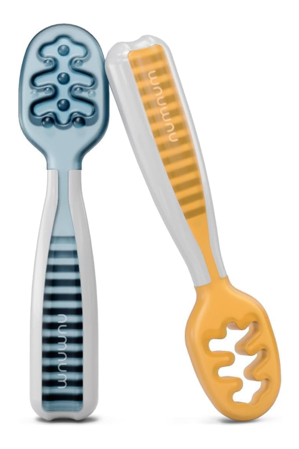 NumNum GOOtensils First Stage Self-Feeding Spoons for Baby Led Weaning (BLW), 2 Pack - Yellow / Blue
