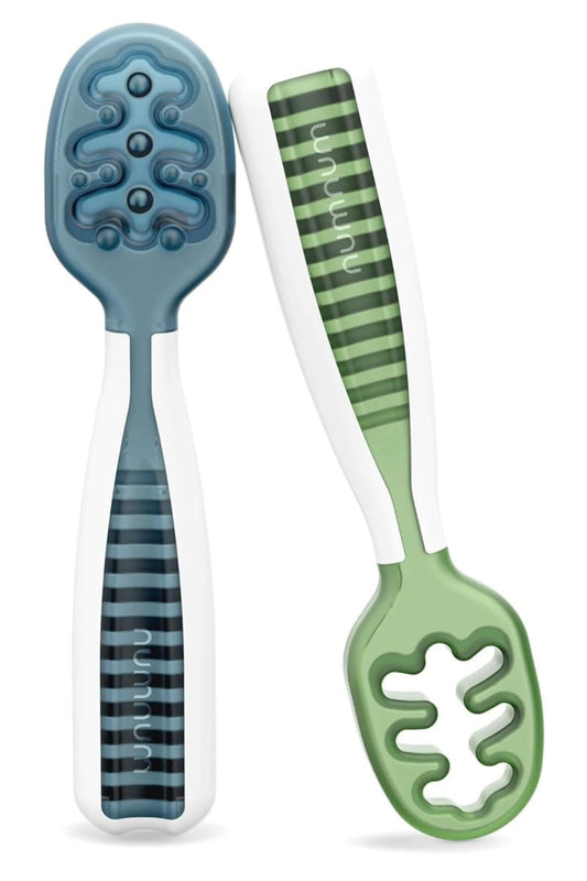 NumNum GOOtensils First Stage Self-Feeding Spoons for Baby Led Weaning (BLW), 2 Pack - Green / Blue