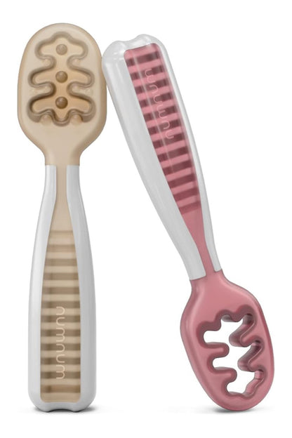 NumNum GOOtensils First Stage Self-Feeding Spoons for Baby Led Weaning (BLW), 2 Pack - Pink / Beige