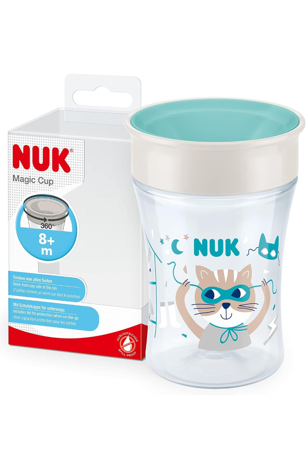 NUK Magic Learning Cup, 8+ Months, Leak-Proof 360° Drinking Rim, Cat (Green), 230 ml (Copy)