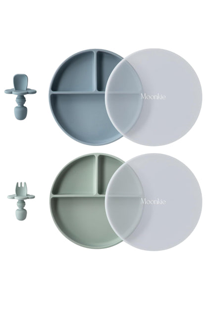 Non-Slip divided Silicone Plate with Lid + gift cutlery
