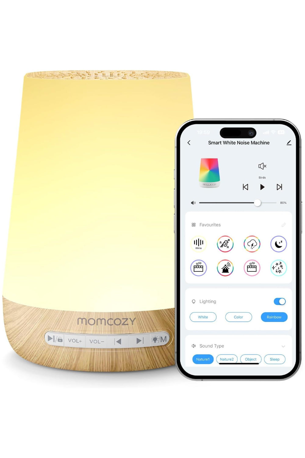 Momcozy Smart Baby Sound Machine - App Remote Control - Wood Grain