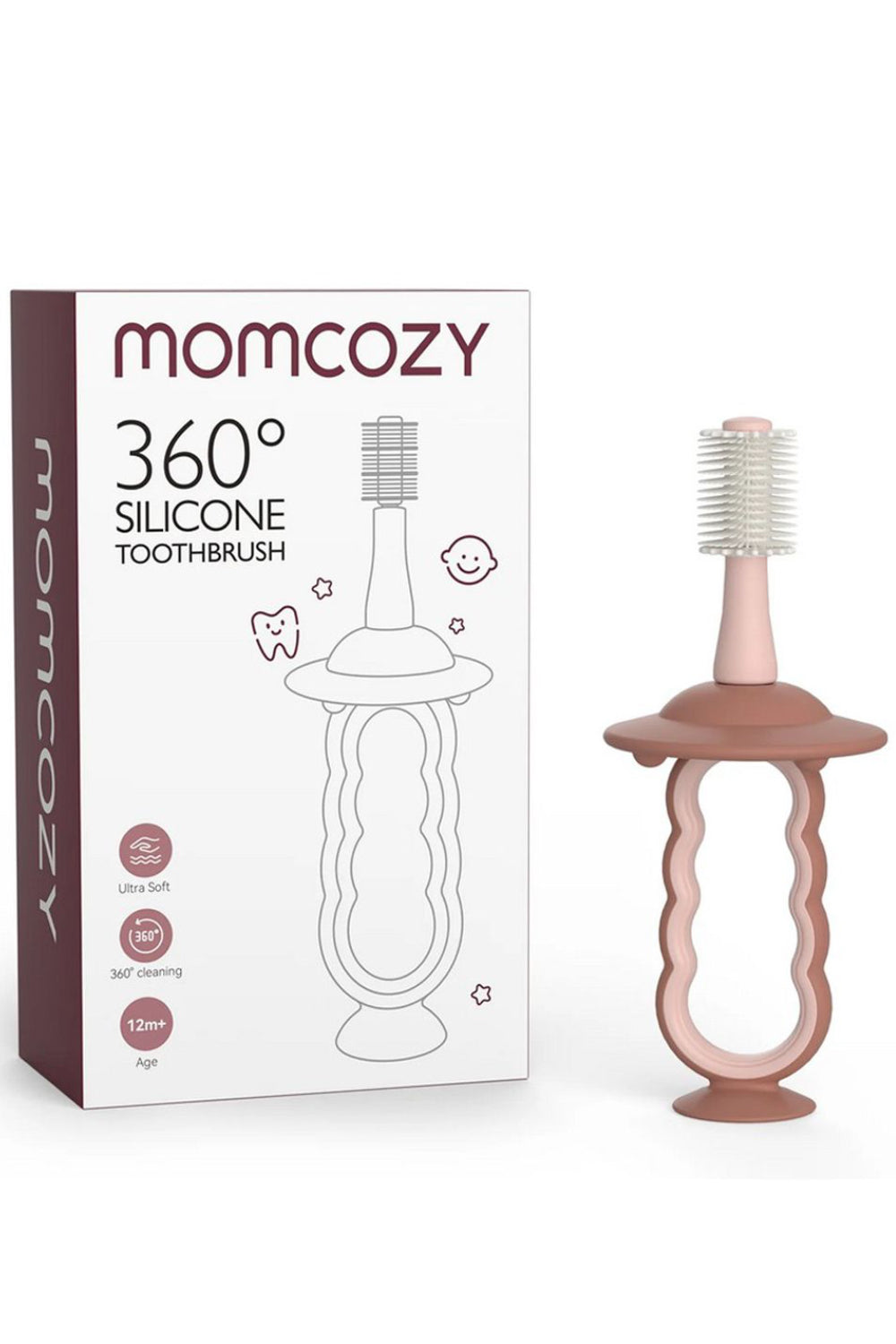 MomCozy Baby Silicone Toothbrush & Tongue Cleaner, 12 Months+, Pinkish Brown