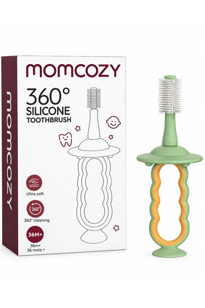 MomCozy Baby Silicone Toothbrush & Tongue Cleaner, 36 Months+, Green