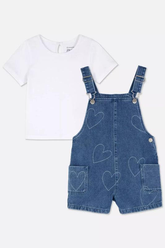 T-Shirt and Heart Denim Dungarees Set
